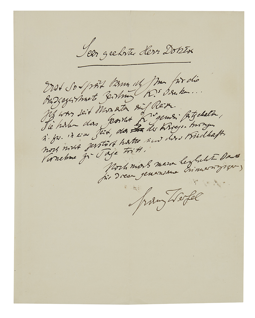 WERFEL, FRANZ. Autograph Letter Signed, to an unnamed recipient (Very esteemed Doctor), in German,